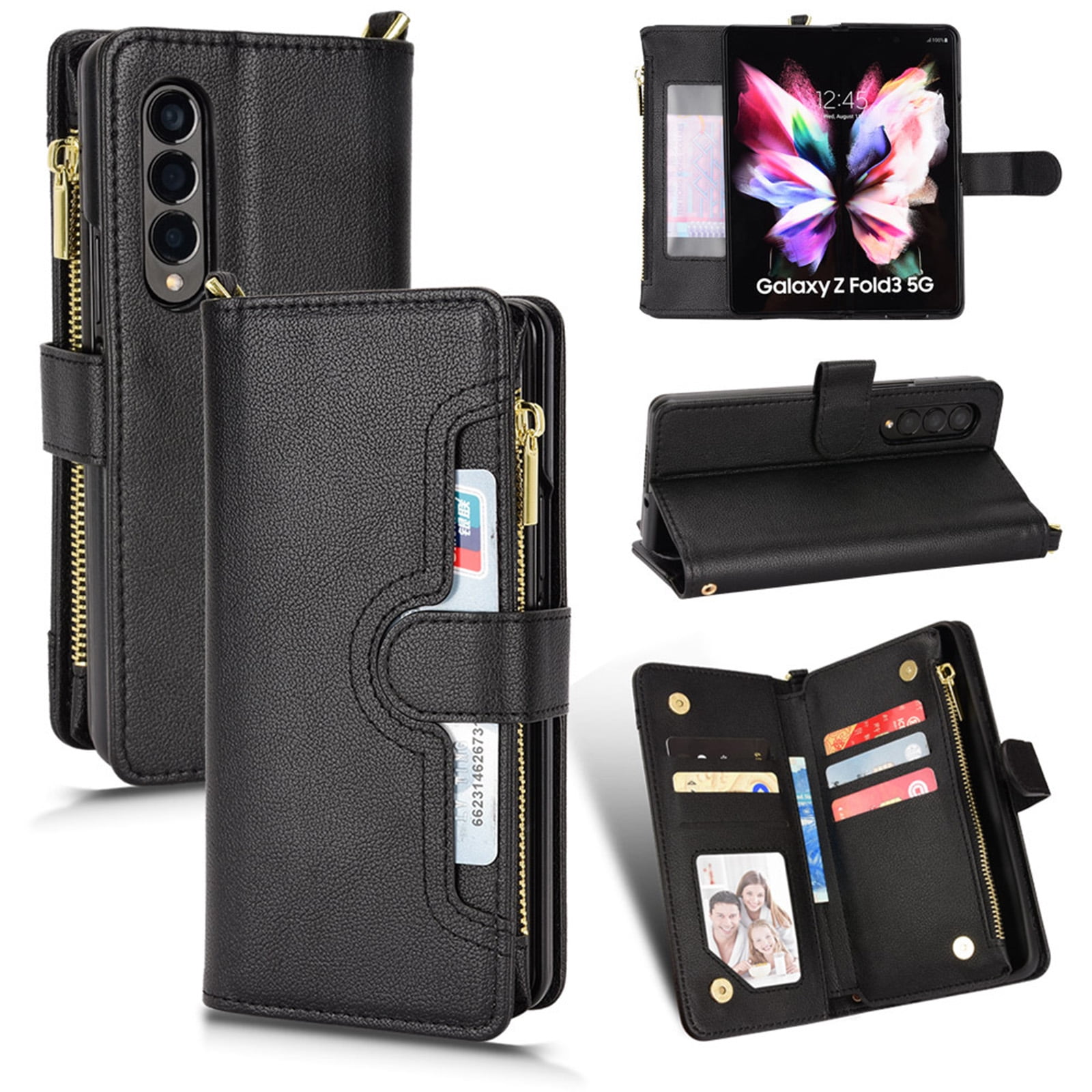 Zjrui Card Holder Wallet Case Compatible with Samsung Galaxy Z Fold 4 Case  with Wrist Strap kickstand Case for Galaxy Z Fold 4,Black