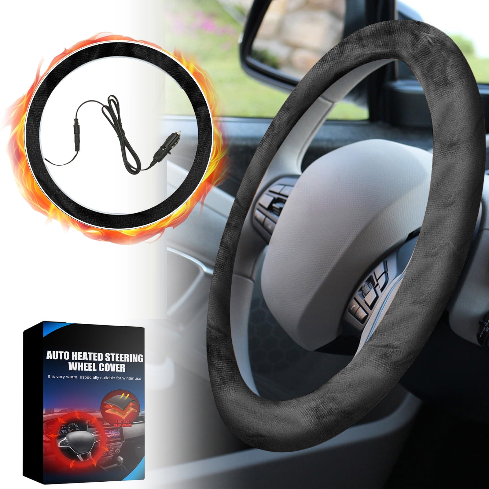 Zjrui Heated Steering Wheel Cover,12V Car Plug, Universal Fit 14.515