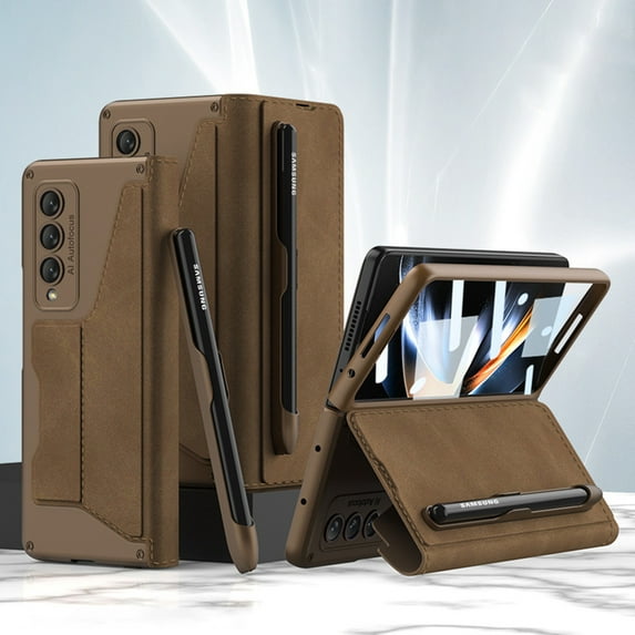 Zjrui Leather Case Compatible with Samsung Galaxy Z Fold 4 with Stand S Pen Holder Wireless Charging Protective Case for Galaxy Z Fold 4 2022,Brown