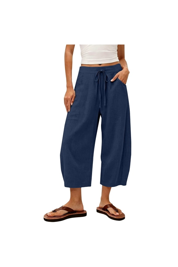 Capri Linen Barrel Pants for Women Drawstring Wide Leg Cotton Linen Cropped 2026 Casual Loose Summer Beach Vacation Flowy Boho Baggy Palazzo Trousers Wide Leg Barrel Harem Pants Navy S