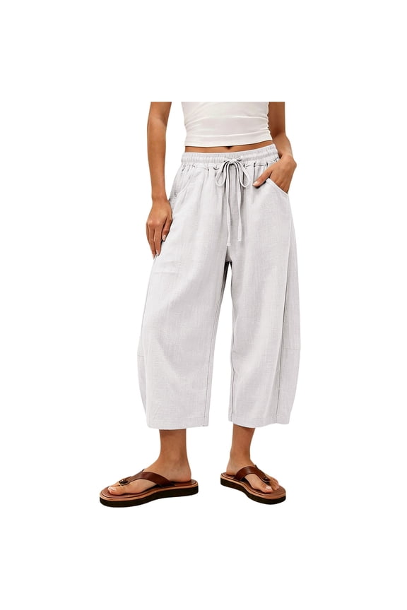 Cotton Linen Capri Pants Drawstring Elastic Waist Cropped Pants Loose Fit Casual Summer Beach Vacation Trousers with Pockets Lightweight Gauze Plus Size Linen Capri Pants Light Ashy Xxl