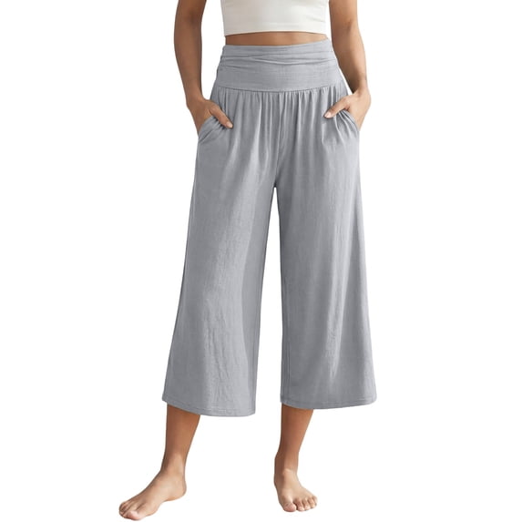 Zjunqe Linen Capri Pants Plus Size Loose Wide Leg Trouser Elastic Waist Dressy Casual Lounge Flowy Yoga Culottes Wide Leg Cropped Pants with Pockets Lightweight Comfy Pajama Pants Light Ashy Xxl