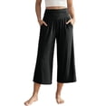 thumbnail image 1 of Zjunqe Linen Capri Pants Plus Size Loose Wide Leg Trouser Elastic Waist Dressy Casual Lounge Flowy Yoga Culottes Wide Leg Palazzo Cropped Pants with Pockets Lightweight Comfy Pajama Pants Black 3Xl, 1 of 9