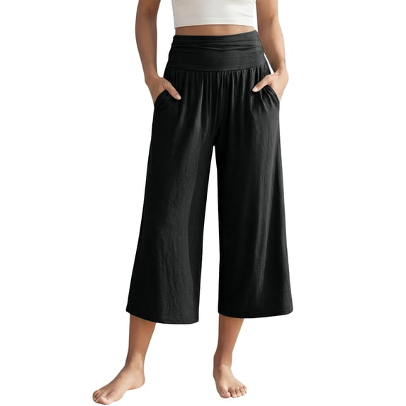 Zjunqe Linen Capri Pants Plus Size Loose Wide Leg Trouser Elastic Waist Dressy Casual Lounge Flowy Yoga Culottes Wide Leg Palazzo Cropped Pants with Pockets Lightweight Comfy Pajama Pants Black 3Xl