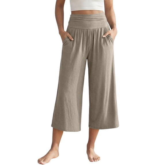 Zjunqe Linen Capri Pants Plus Size Loose Wide Leg Trouser Elastic Waist Dressy Casual Lounge Flowy Yoga Culottes Wide Leg Palazzo Cropped Pants with Pockets Lightweight Comfy Pajama Pants Khaki Xl