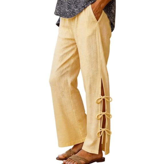 Zjunqe Summer Women Cotton Linen Pants Casual High Waist Comfy Lightweight Gauze Pants with Pockets Beach Vacation Trousers Bow Tie Side Wide Leg Lounge Bottom Loose Fit Going Out Pants Khaki L