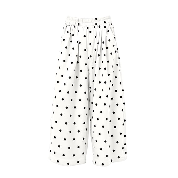 Zjunqe Women Polka Dot Summer Boho Cotton Linen Pants Wide Leg Barrel Pants Beach High Elastic Waist Casual Long Palazzo Trousers with Pockets Loose Fit Casual Summer Beach Vacation Pants White S