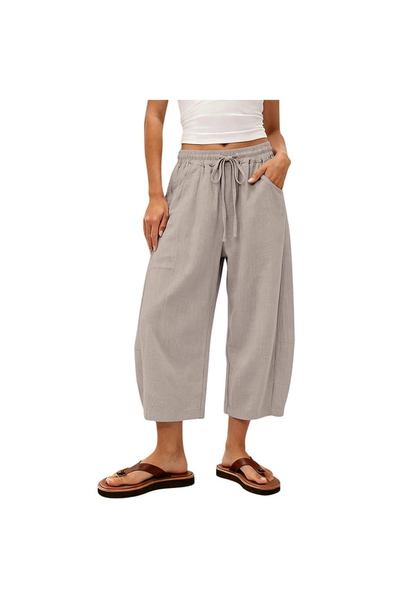 Women's Cotton Linen Capri Pants Drawstring Elastic Waist Cropped Pants Loose Fit Casual Summer Beach Vacation Trousers with Pockets Lightweight Gauze Plus Size Linen Capri Pants Beige L