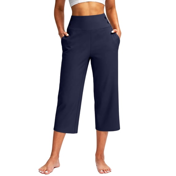 Zjunqe Women's Wide Leg Capri Pants with Pockets Athletic Cropped Pants Tummy Control Capris Cropped Pants Capri Yoga Pants Pull On Capris Wide Leg Yoga Pants Wide Leg Casual Trousers Navy 5Xl