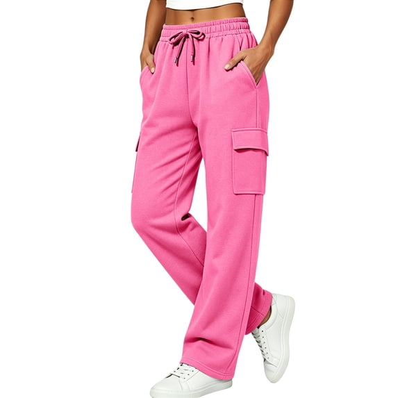 Zjunqe Womens Cargo Sweatpants High Waisted Wide Leg Joggers Pants Soft Cotton Fleece Baggy Trousers with Pockets Drawstring Elastic Waist Fall Lounge Workout Outfits Casual Athletic Pants Pink L