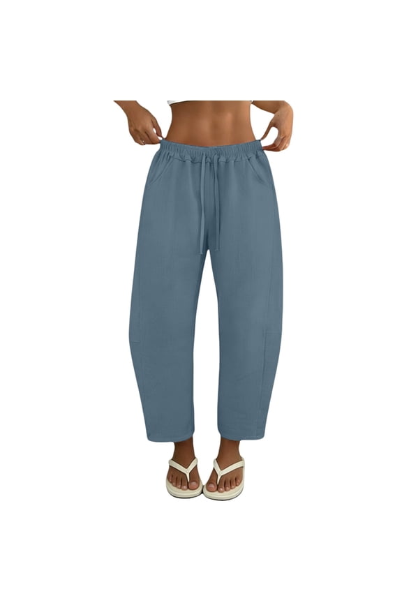 Womens Cotton Linen Barrel Wide Leg Cropped Harem Pants Loose Fit Casual Baggy Pants Elastic Waist Travel Pants with Pockets Lightweight Plus Size Summer Beach Lounge Trousers Light Blue S