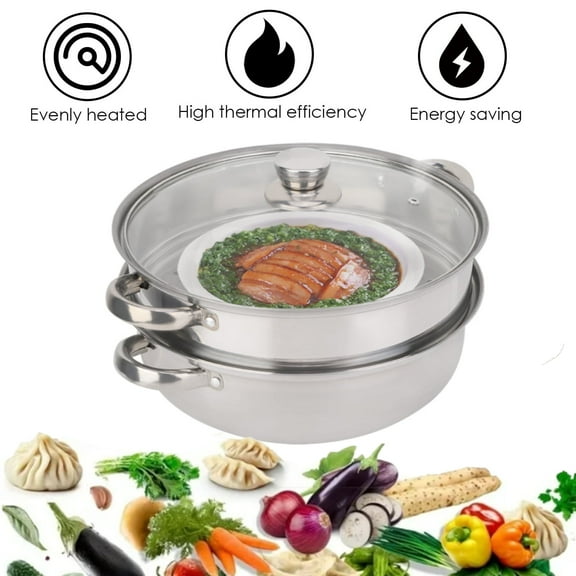 Zjyufy Steamer Pot, 2 Tier Stainless Steel Cooker Food Steam Cooking Meat Vegetable Steaming Basket Kitchen Cookware Pan with Glass Lid,11 Inch