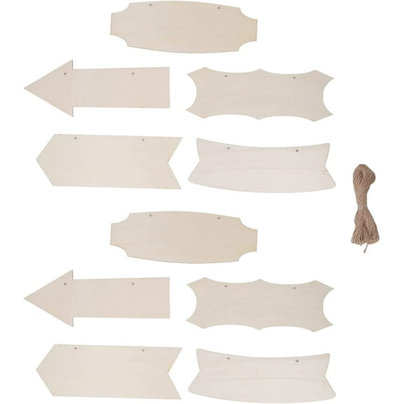 Zkca 10 Pieces Unfinished Hanging Wood Sign Blank with Ropes, Rustic Arrow Wooden Sign for Craft Unfinished Hanging Wooden Board with Hole DIY Door Wall Decor Holiday A417