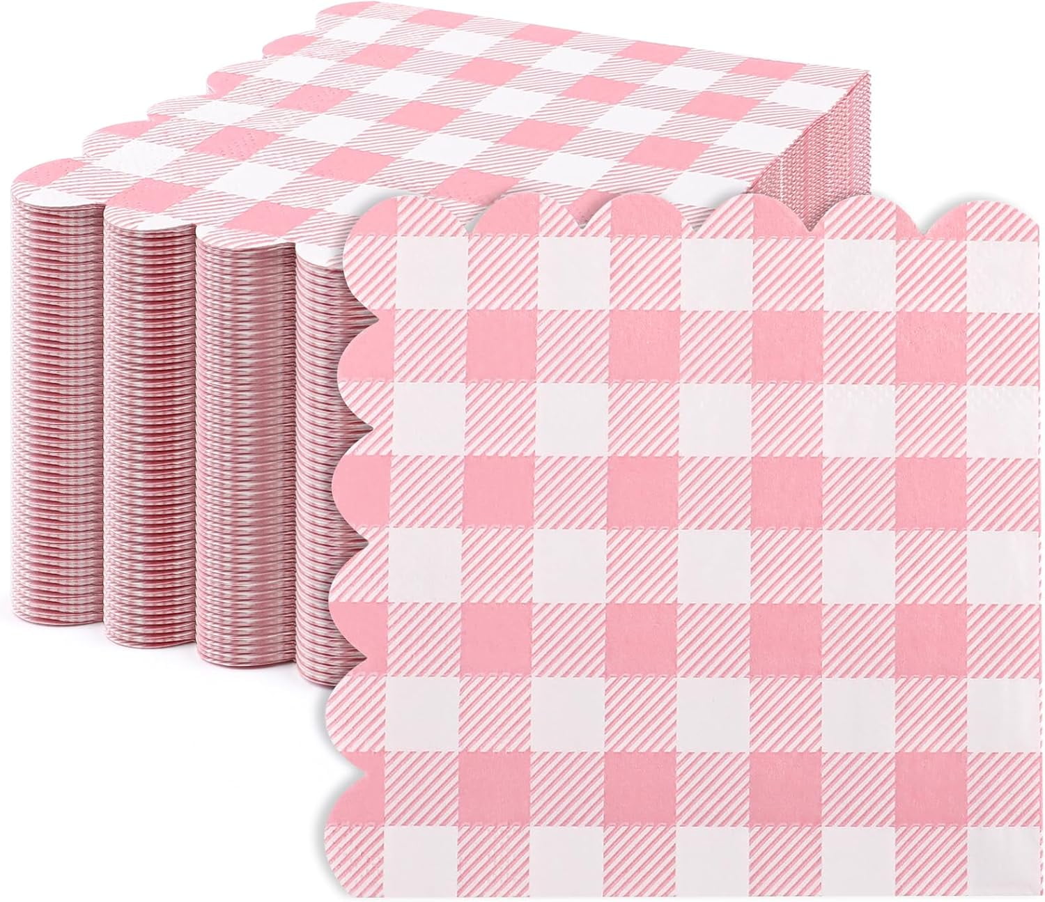 Zkca 100Pcs Pink Gingham Napkins, 3 Ply Disposable Pink and White Checkered Napkins Scalloped Cocktail Napkins Plaid Paper Napkins for Picnic BBQ Baby Shower Wedding Birthday Party, 5 x A417