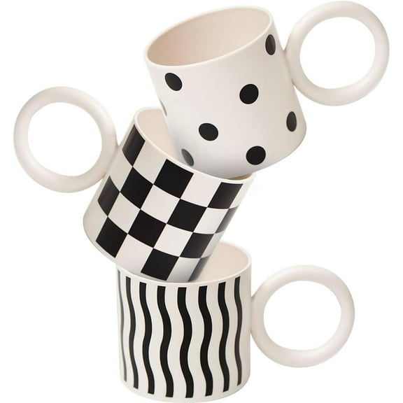 Zkca 3Pcs Coffee Cup 10 oz Plastic Mugs with Handles Stackable Coffee Cups Black and White Checkerboard Cups Polka Dot Cups Striped Cups for Cocoa Milk Tea for Adults Elderly A417