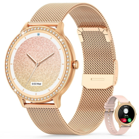 Zkcreation Women's Smart Watch (Answer/Dial) Android Smart Watch with Call, Text and Camera Smart Watch for Android Devices, Gold