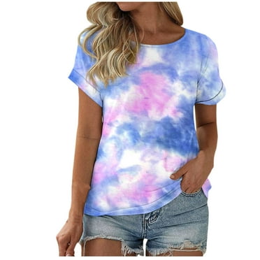 Zkozptok Basic Tie Dye T Shirts for Women Summer Short Sleeve Round Neck Tee Blouses Fashion Going Out Tops