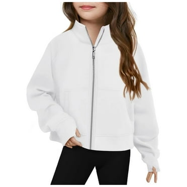 Zkozptok Girls Solid Color Sweatshirt Loose Full Zip Stand Collar Long Sleeve Pullover Sports Top