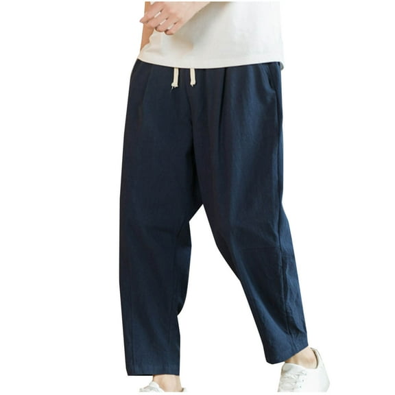 Zkozptok Men's Cotton Pants Casual Sport Wide Leg Sweatpants with Pockets Lightweight Drawstring Trousers with Pockets