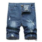 Zkozptok Men's Shorts Denim Casual Elastic Micro Zipper Pockets Retro Ripped Jeans Knee Short Pants,Blue,XXL