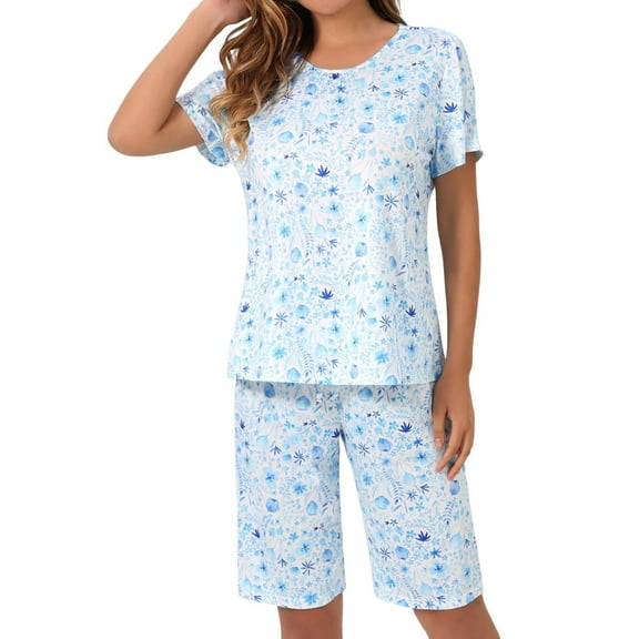 Zkozptok Pajama Sets for Women Floral Printed Short Sleeve Crew Neck Tops and Elastic Waist Shorts Sleepwear 2 Pieces