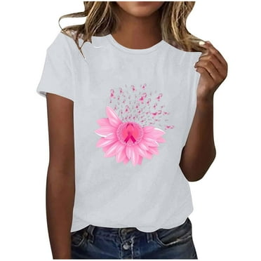 Zkozptok Pink Ribbon Shirts for Women Flower Print Casual Short Sleeve T Shirt Fashion Round Neck Tunic Blouses