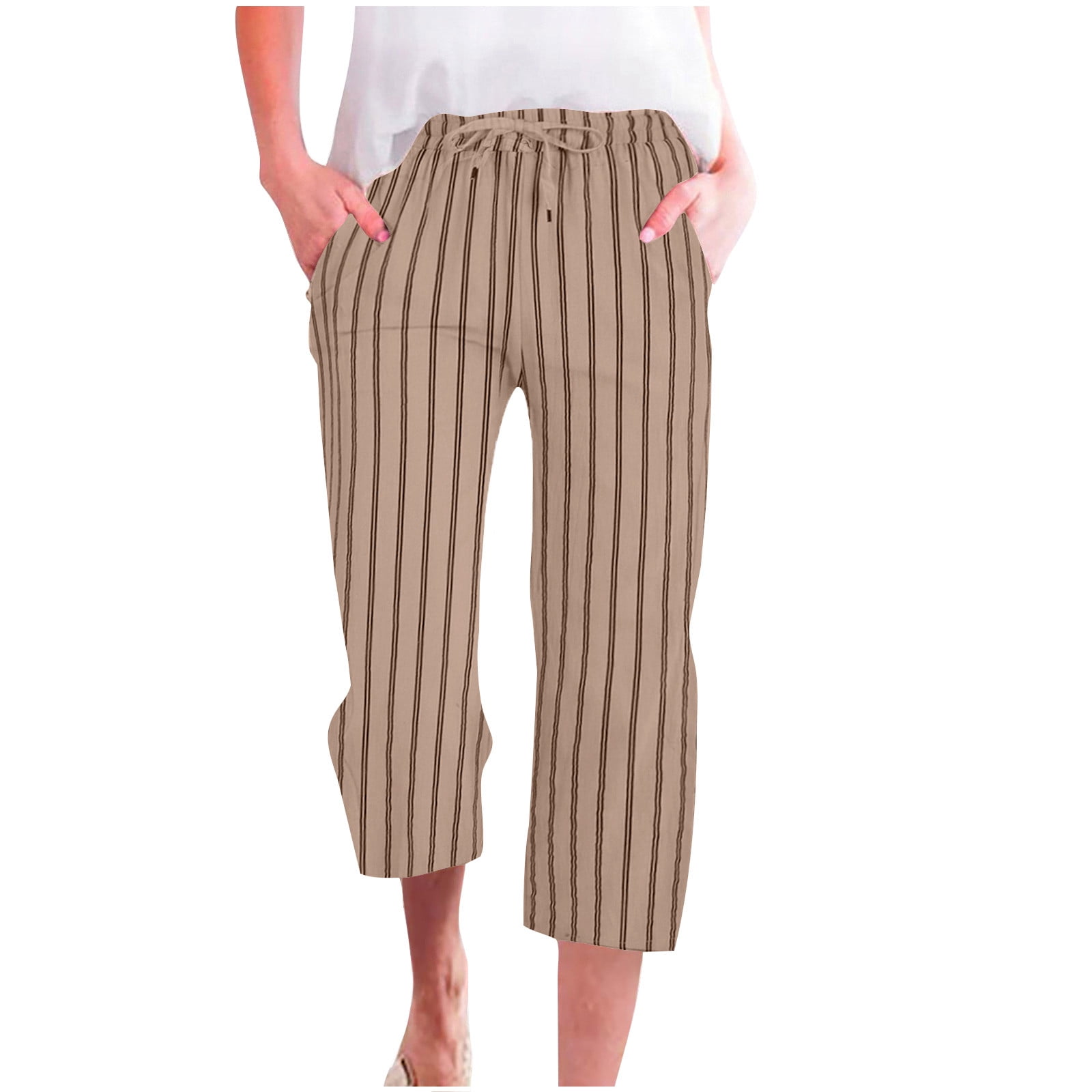 【OJOS】24SS★ Strap Trimming Capri Pants Zkozptok Plus Size Capri Pants for Women Striped Elastic