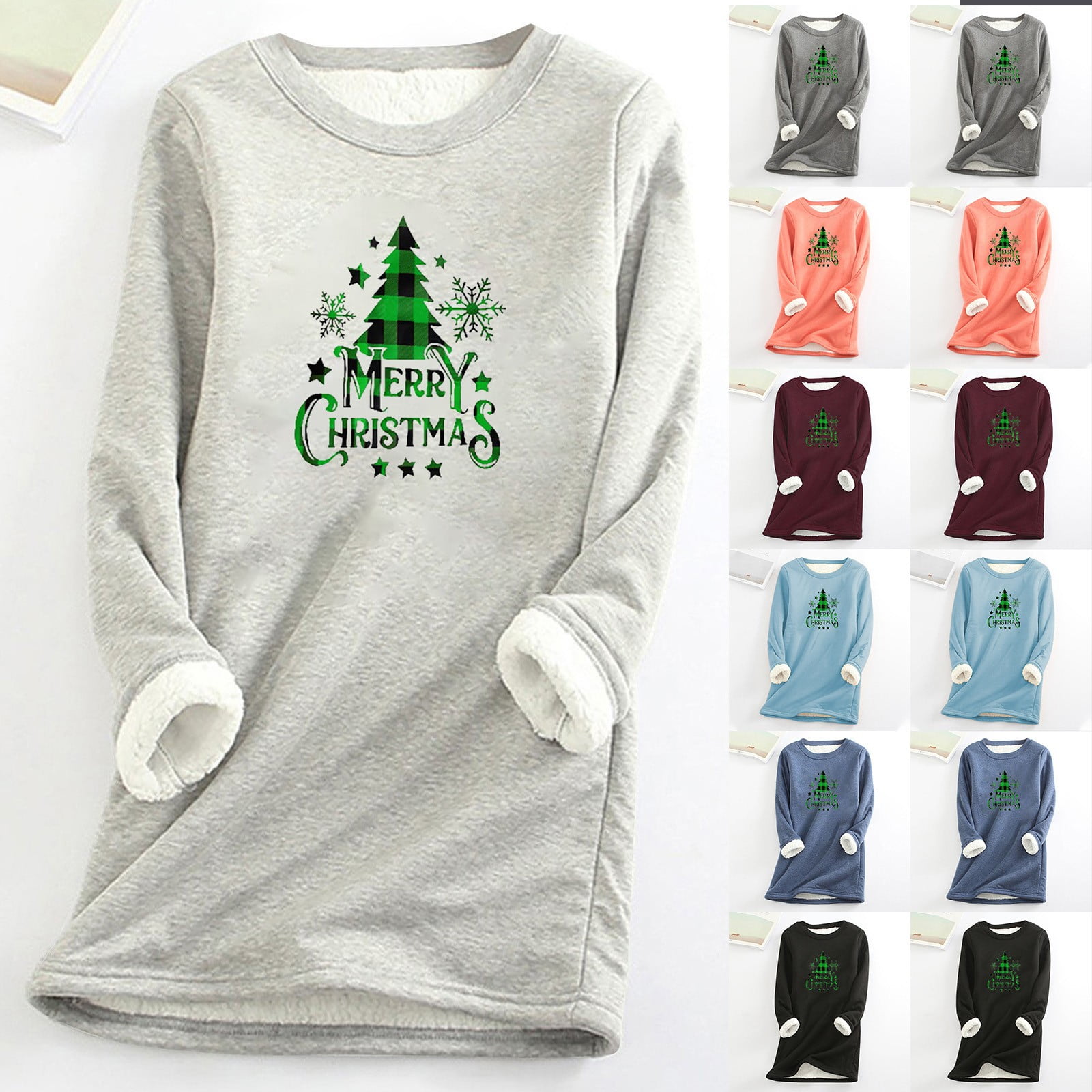 Zkozptok Plus Size Sweatshirts for Women Crewneck Christmas Fleece Lined Thick Thermal Fall