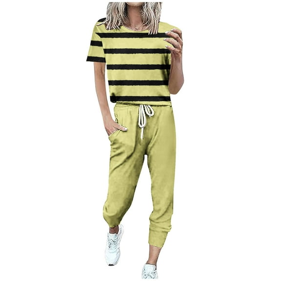 Zkozptok Two Piece Outfits for Women Jogging Sweatsuit Summer Short Sleeve Crewneck Pullover Sweatpants Tracksuit