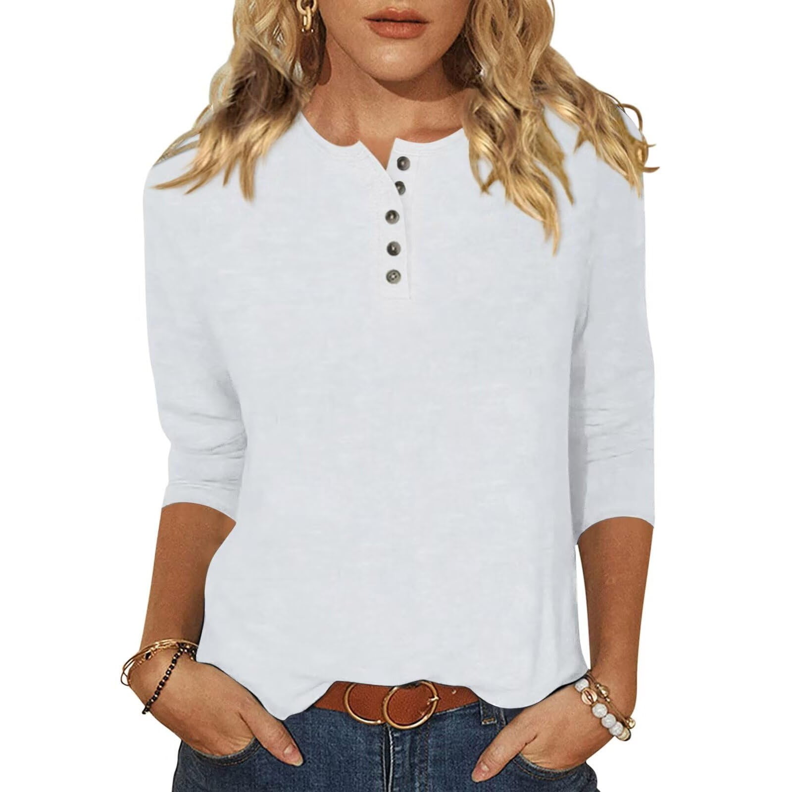 Women's Casual 3/4 Sleeve T-Shirt – Loose Fit Crew Neck Tunic Top, Summer Blouse, Polyester/Rayon Blend