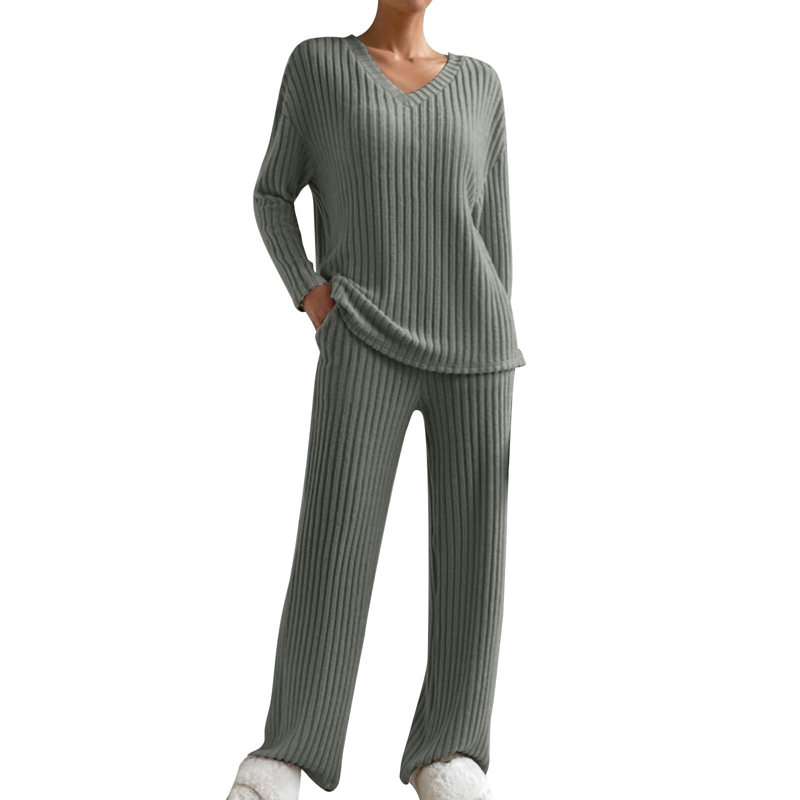Collared Split Neck Ribbed 2pcs Outfit Set main image 1