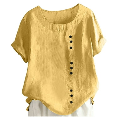 Zkozptok Women's Plus Size Cotton Linen Tops Short Sleeve Round Neck Button Shirts Summer Casual Loose T Shirts