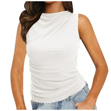 Zkozptok Women's Sleeveless Tank Tops Mesh Mock Neck Tees Summer Casual Ruched Blouses Shirts Trendy