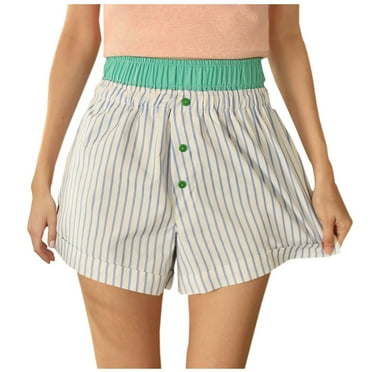 Zkozptok Women's Summer Shorts Colour Block Stripe Elastic High Waist Button Down Casual Beach Vacation Pants