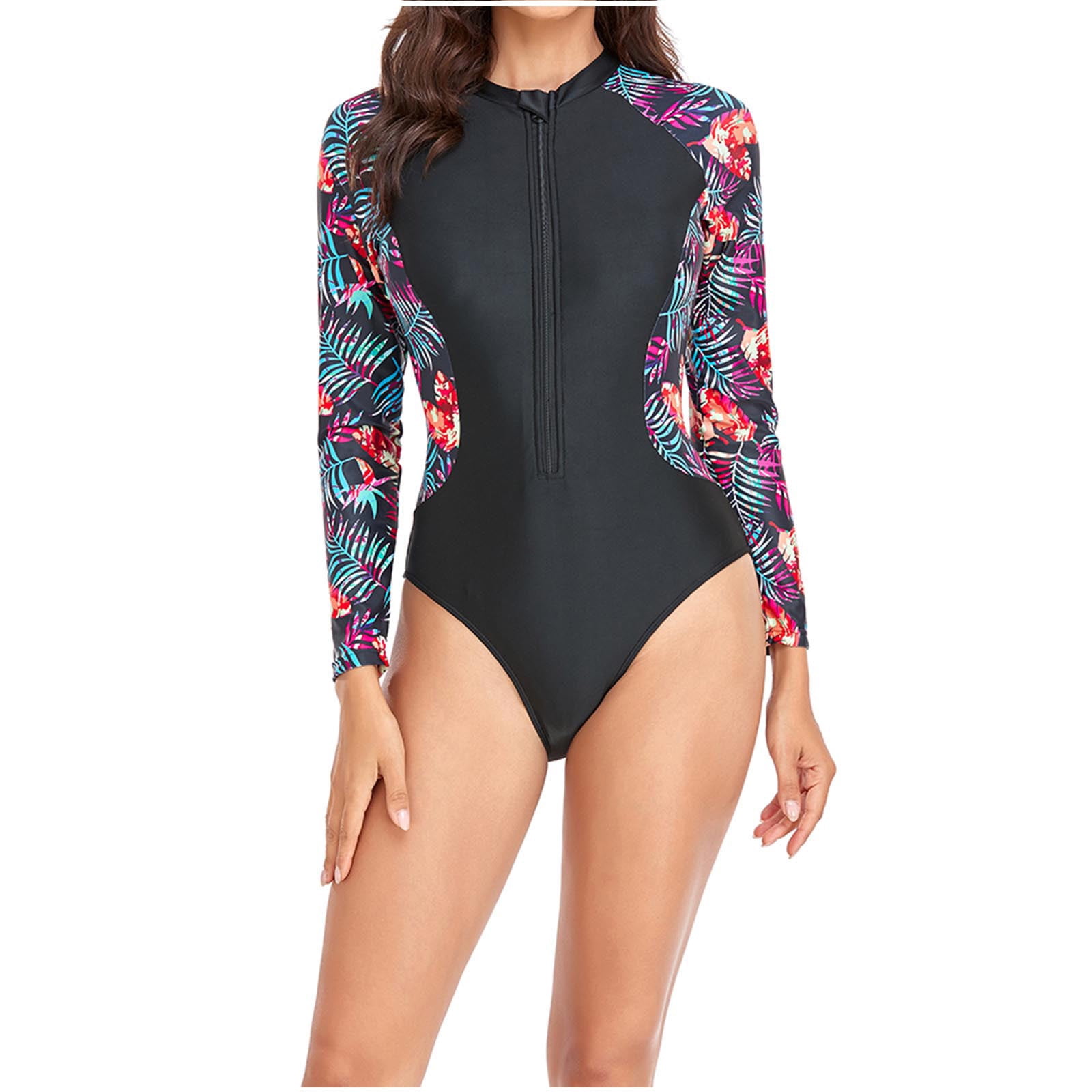 Long Sleeve One Piece Swimming Surf Suit Pink Print Zip Up