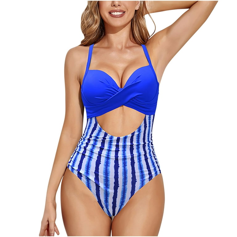 Zkozptok Women's Swimsuits Beach Bathing Suits Handing Neck Cutout High  Waist Bikini Backless Lady Bra Swimwear,Blue,S