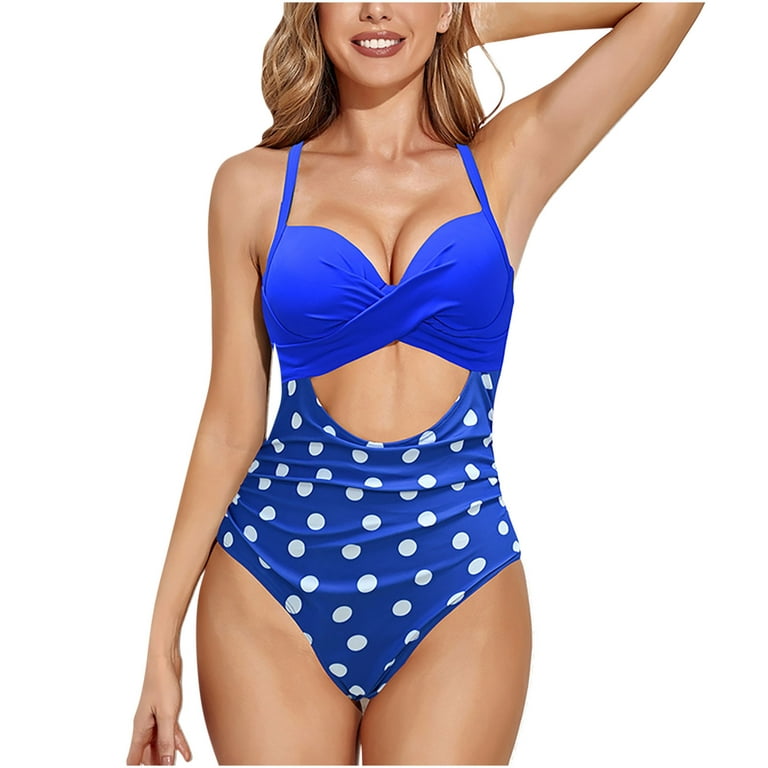 Zkozptok Women's Swimsuits Beach Bathing Suits Hanging Neck Cutout High  Waist Floral Print Bikini Backless Lady Bra Swimwear,Blue,M