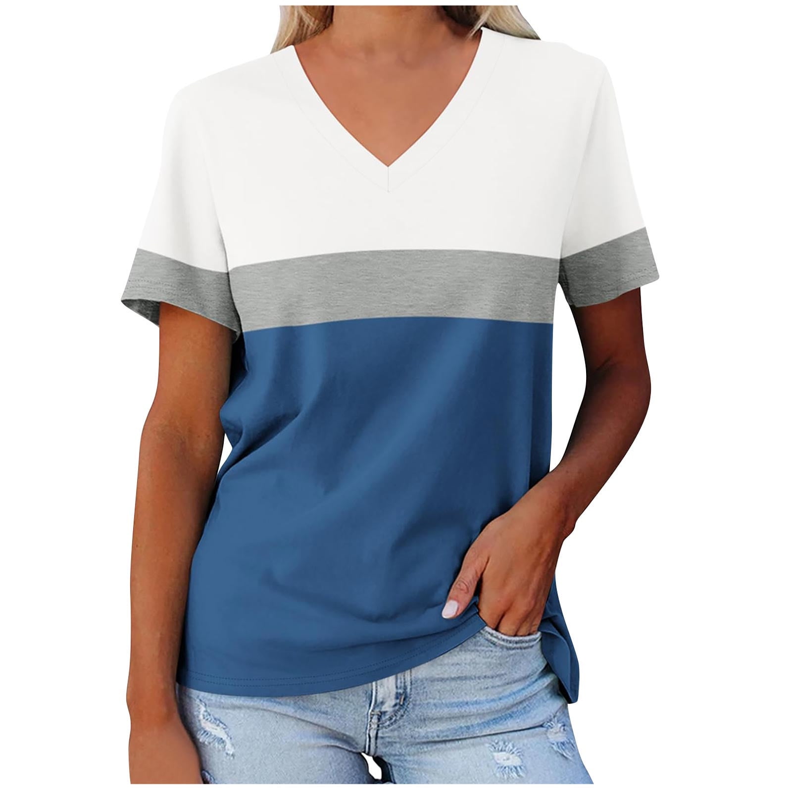 Zkozptok Women's V Neck T Shirts Color Block Short Sleeve Tops Summer ...