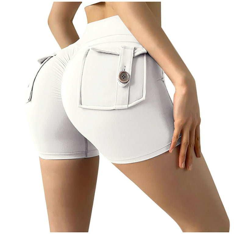 Zkozptok Women's Yoga Shorts High Waist Cargo Shorts Workout Pockets Gym Short  Pants,White,S 