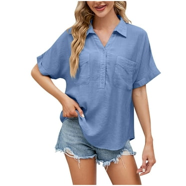 Zkozptok Womens Button down Shirts V Neck Roll Up Short Sleeve T Shirts Summer Casual Bussiness Work Tops