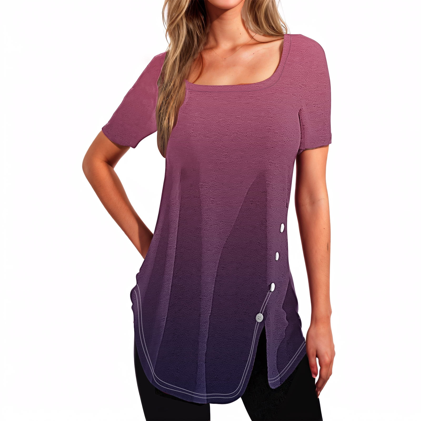 Women's Summer Tops - Short Sleeve Asymmetrical Ruffle Hem T-Shirts