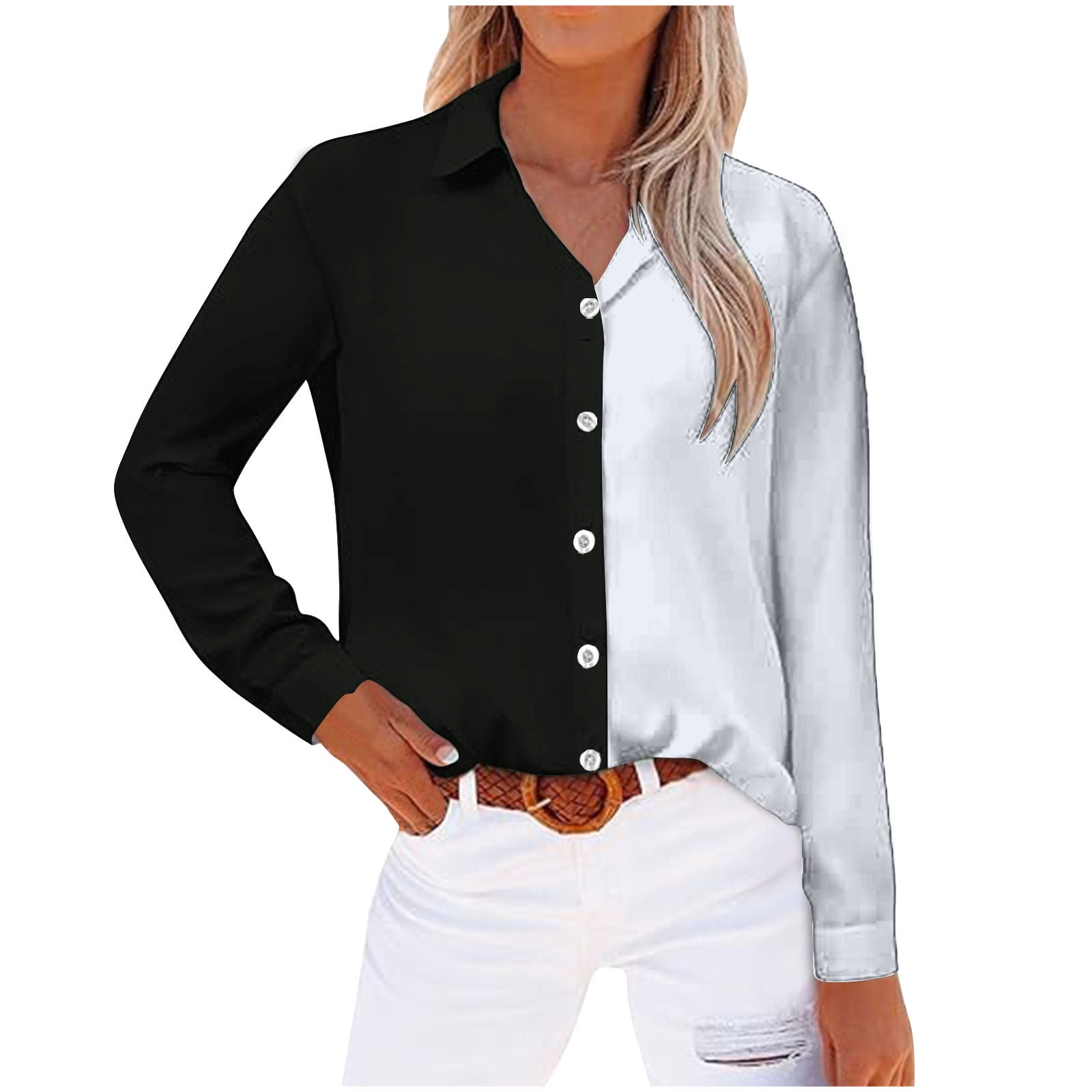 Zkozptok Womens Color Block Button down Shirts Long Sleeve