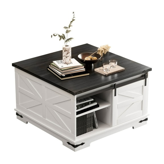 Zksm 31.5" Coffee Table with Storage, Square Coffee Tables for Living Room, Farmhouse Coffee Table with Hidden Storage Compartment and Half Open Shelves, Black and White