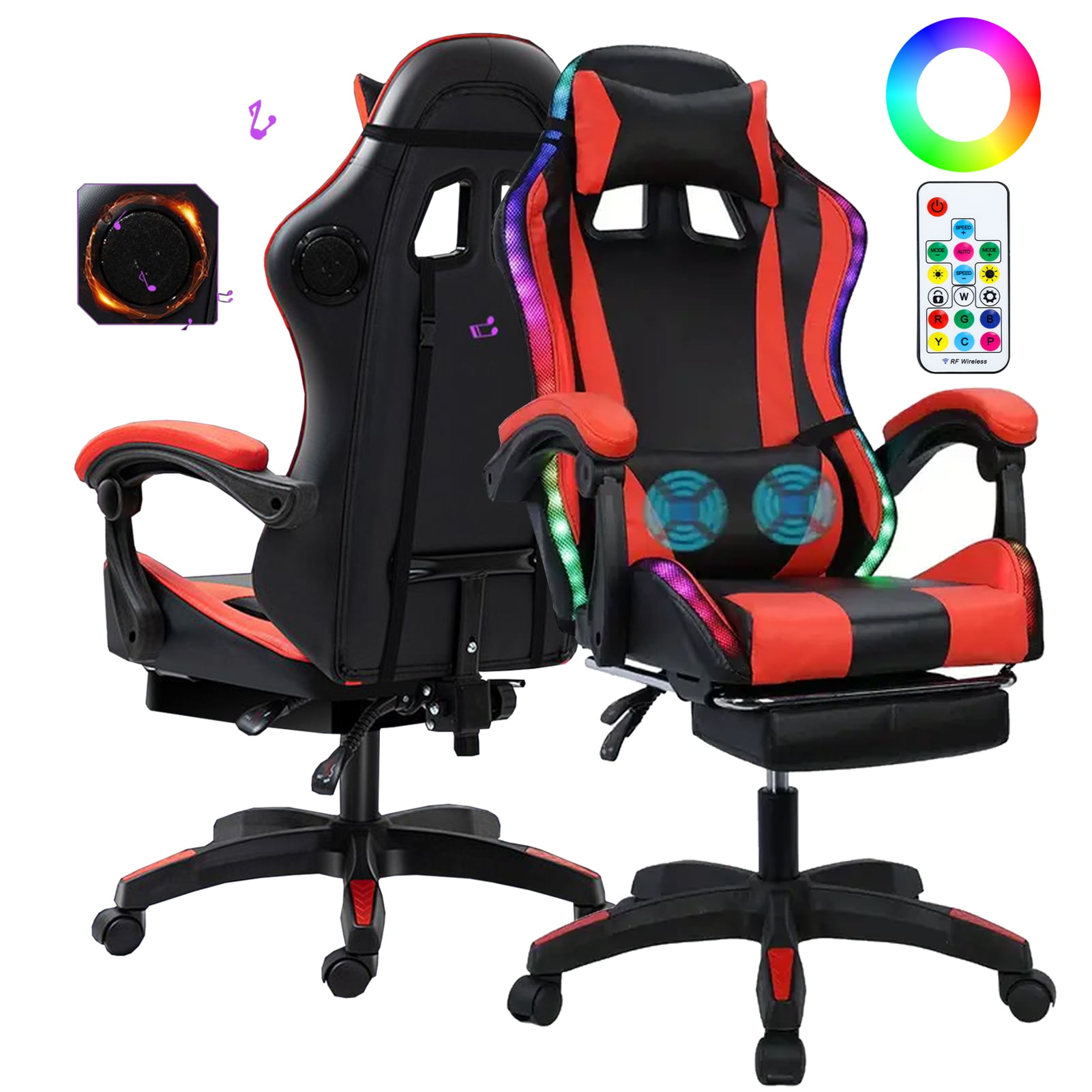 Red and Black Faux Leather Ergonomic Gaming Chair with Bluetooth Speakers and RGB LED Lights