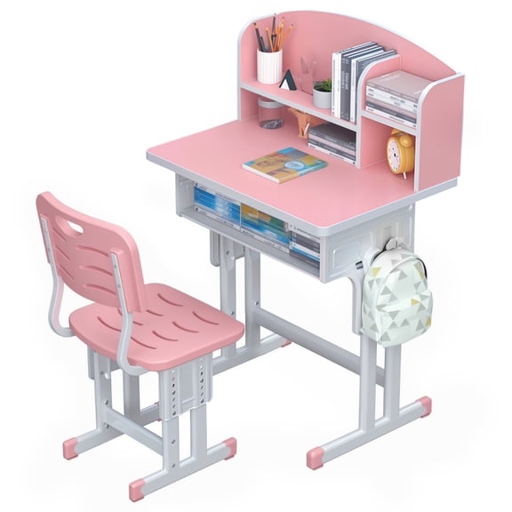 Zksm Kids Study Desk and Chair Set Height Adjustable Children Table Large Writing Board Desk with Hook, Storage Drawer, Bookshelf (Pink)