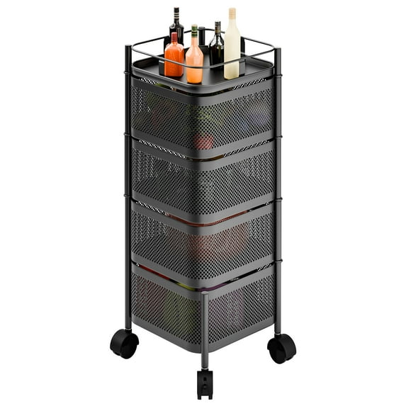 Zksm Rolling Cart with Wheels, 4-Tier Fruit Vegetable Basket Kitchen Cart with Rotatable Square Metal Mesh Basket, Kitchen Organizers and Storage Rack Snack Cart for Kitchen, Pantry, Bathroom