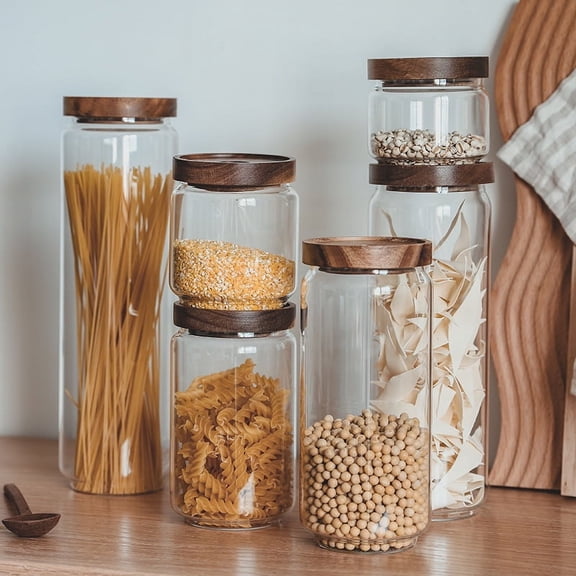 Zkysteio Coffee Bean Sealed Jar Kitchen Glass Bottle Storage Jar Acacia Wood with Lid Grain Cereals Dried Fruit Tea Storage Jar