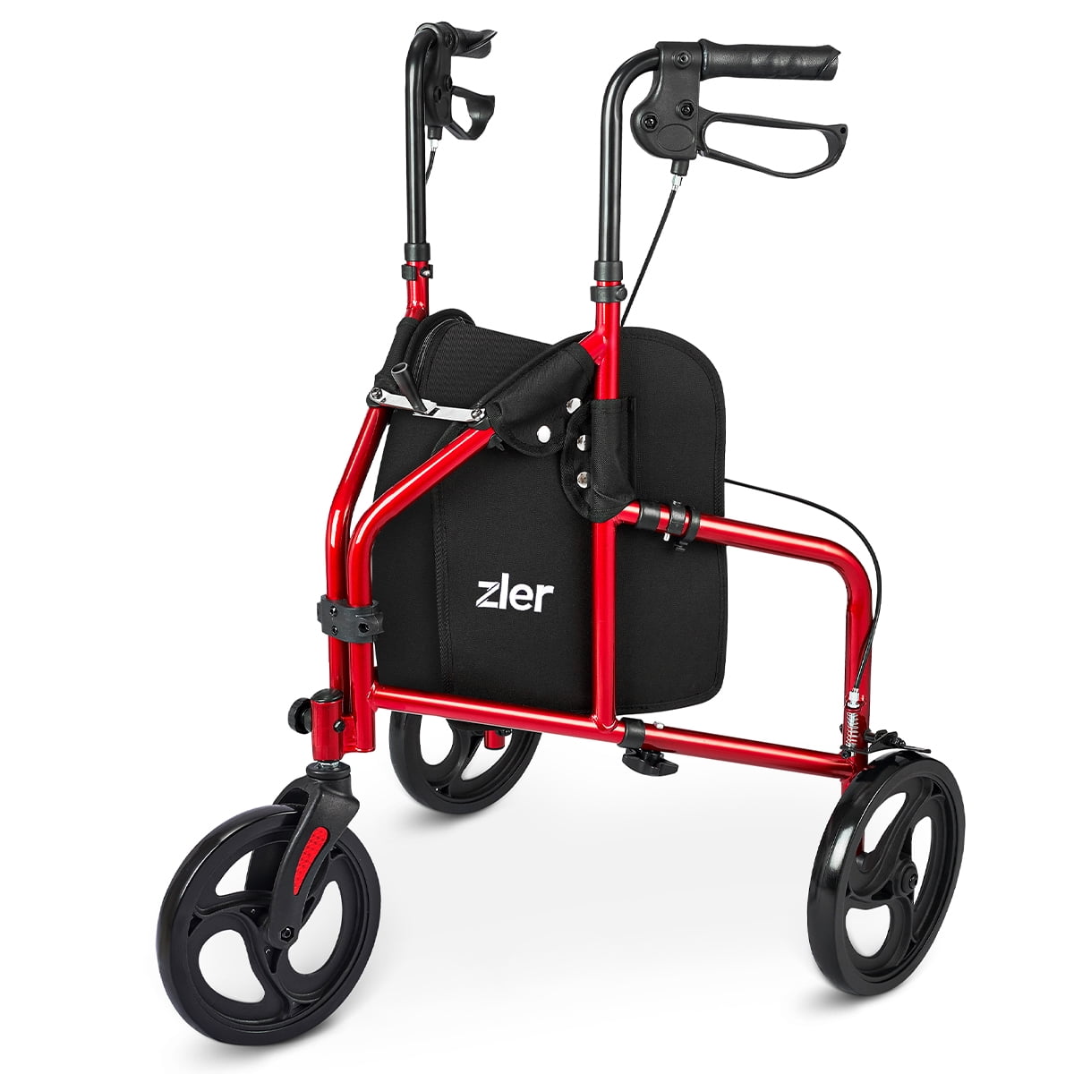 Zler 3 Wheel Walker for Seniors, Lightweight Aluminum Folding 8'' Wheel Rollator Walker with Height Adjustable Handles and Storage Bag Red