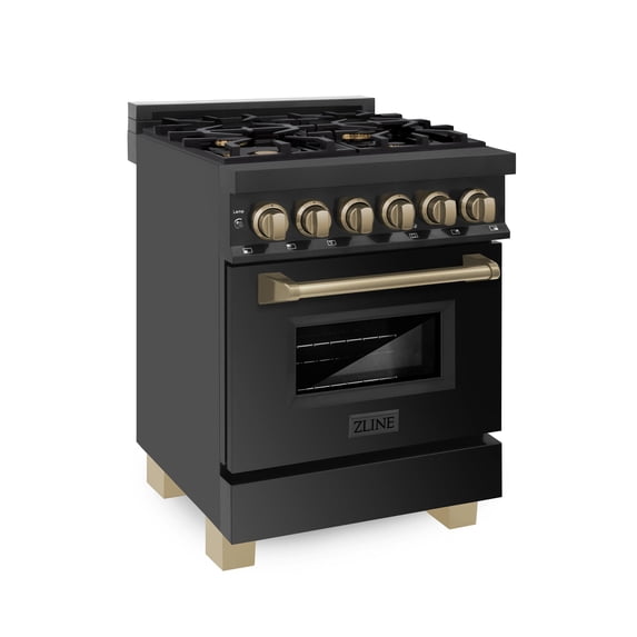 ZLINE 24 in. Autograph Edition Dual Fuel Range in Black Stainless Steel with Champagne Bronze Accents (RABZ-24-CB)