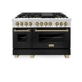 thumbnail image 1 of ZLINE Autograph Edition 48 in. 6.0 cu. ft. Legacy Dual Fuel Range with 7 Burner Gas Cooktop and 2 Electric Ovens in Stainless Steel with Black Matte Doors and Champagne Bronze Accents (RAZ-BLM-48-CB), 1 of 2